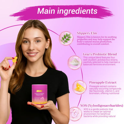 Le Tian Xian Her Juicy Feminine Probiotics Gummies for Women with Slippery Elm, Prebiotics & Lactobacillus - for pH Balance & Digestive Health, Tropical Pineapple Flavor, 60 Count - dailyvitalstore