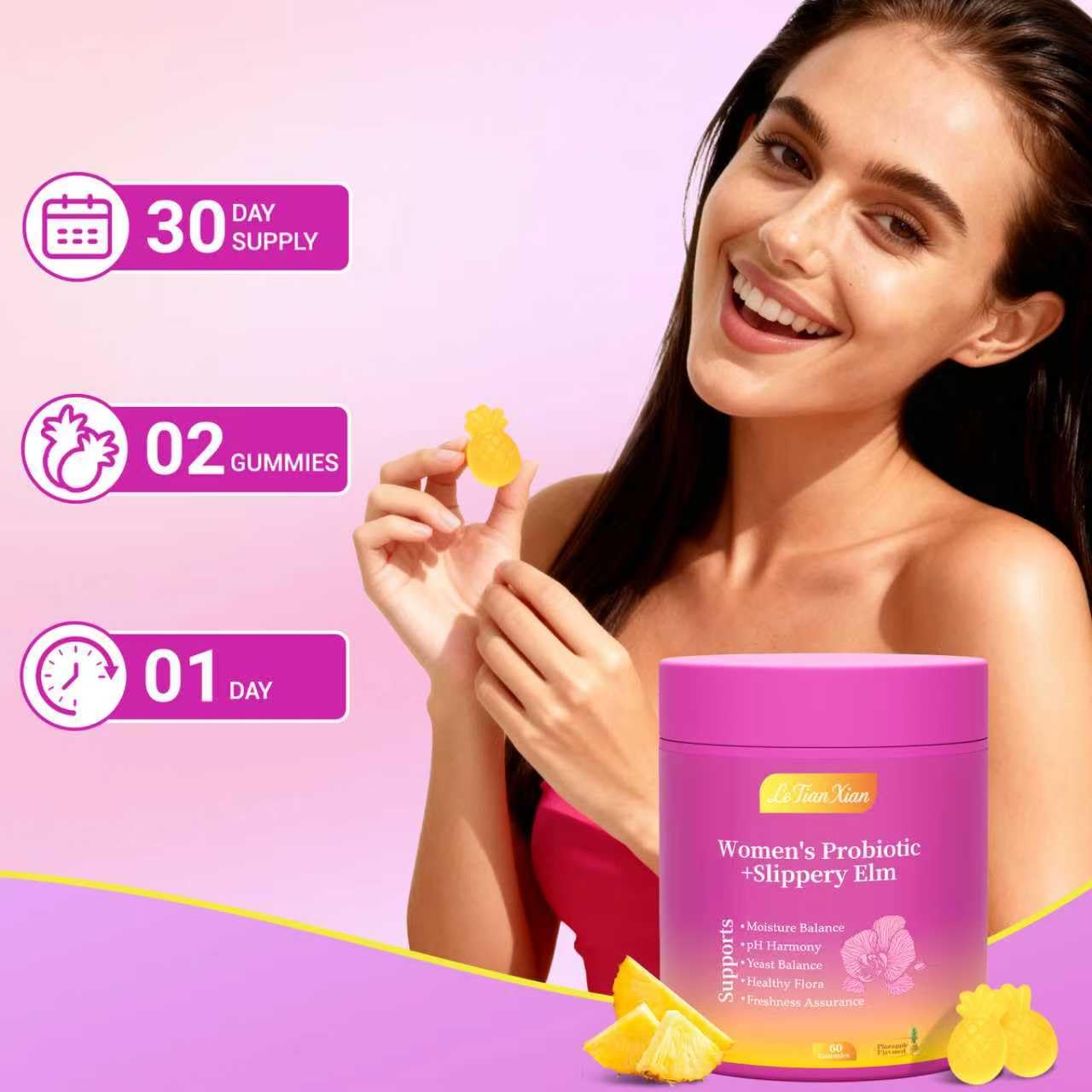 Le Tian Xian Her Juicy Feminine Probiotics Gummies for Women with Slippery Elm, Prebiotics & Lactobacillus - for pH Balance & Digestive Health, Tropical Pineapple Flavor, 60 Count - dailyvitalstore