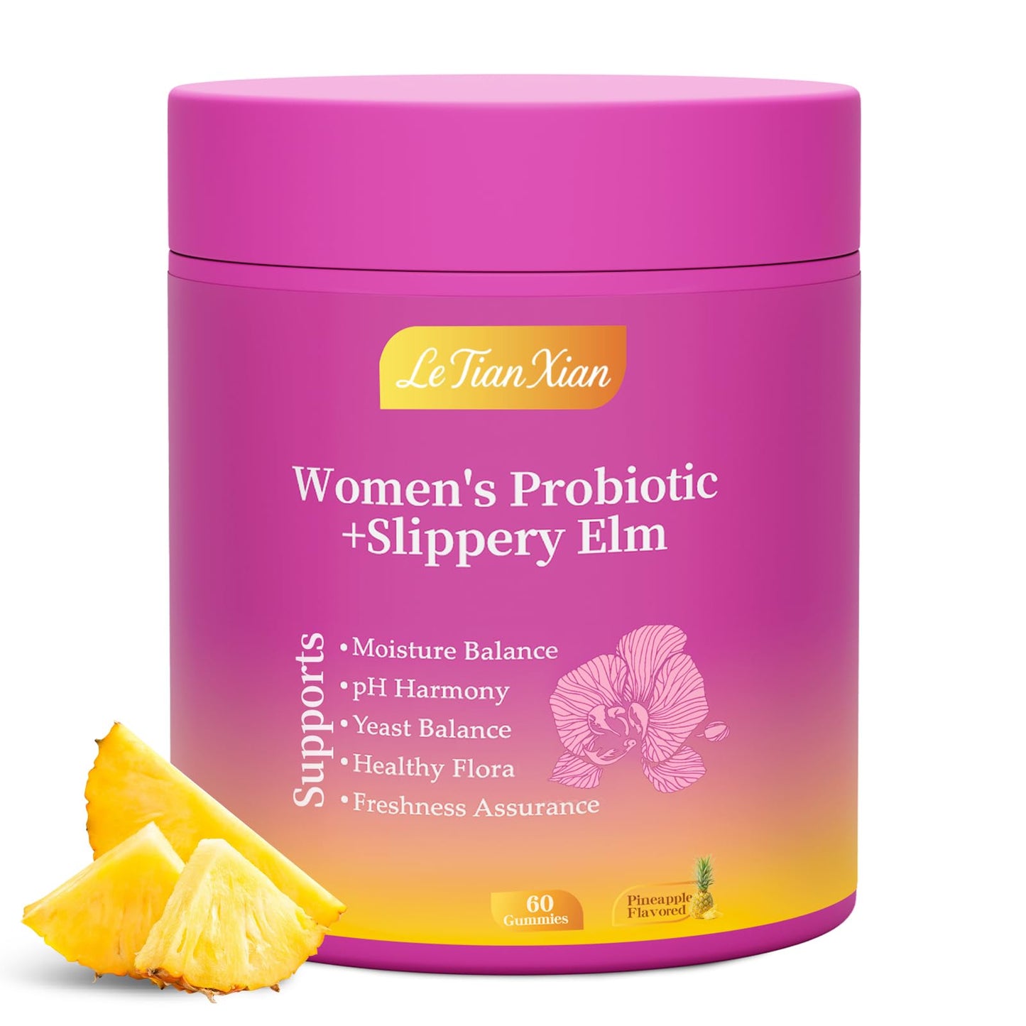 Le Tian Xian Her Juicy Feminine Probiotics Gummies for Women with Slippery Elm, Prebiotics & Lactobacillus - for pH Balance & Digestive Health, Tropical Pineapple Flavor, 60 Count - dailyvitalstore