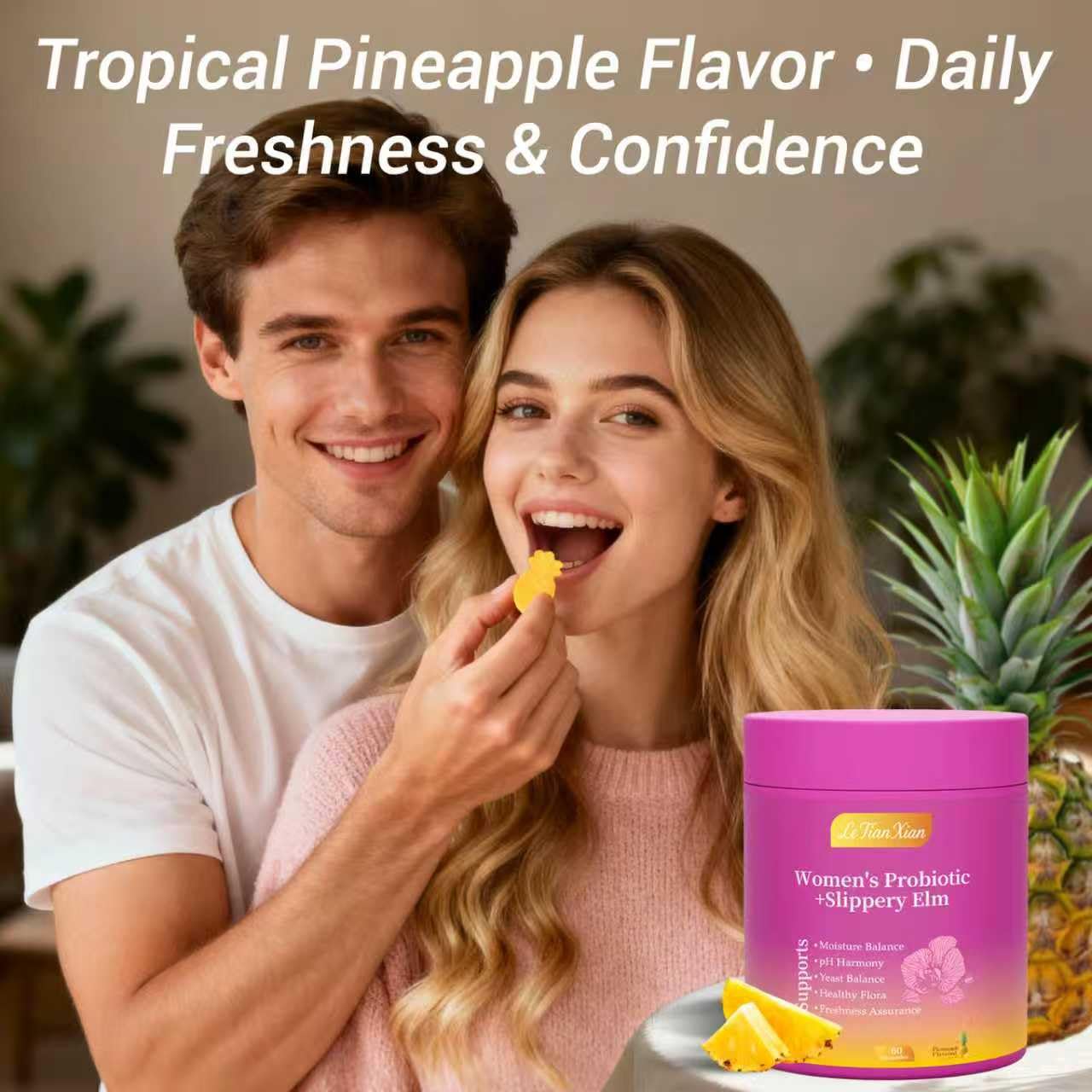 Le Tian Xian Her Juicy Feminine Probiotics Gummies for Women with Slippery Elm, Prebiotics & Lactobacillus - for pH Balance & Digestive Health, Tropical Pineapple Flavor, 60 Count - dailyvitalstore