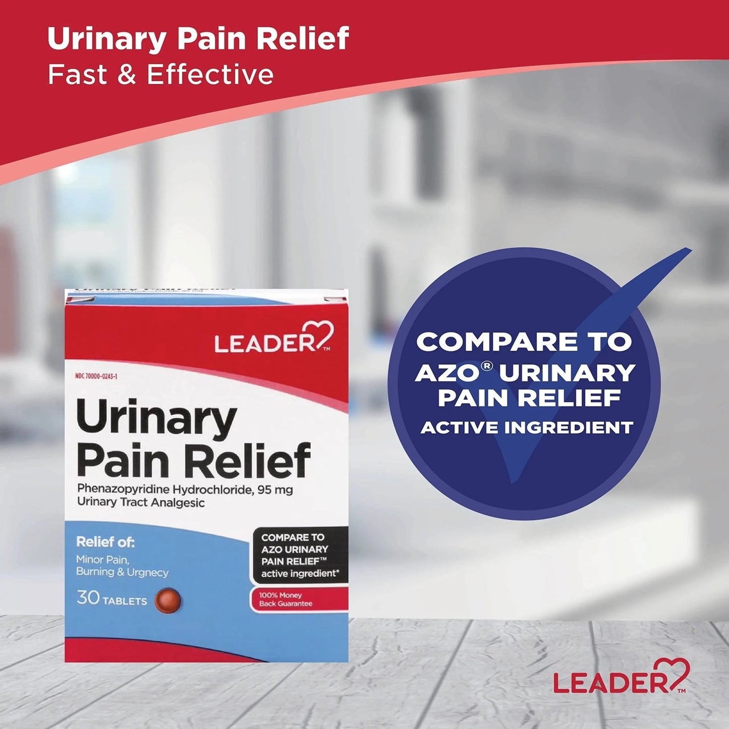 Leader Urinary Pain Relief Maximum Strength, Urinary Tract Analgesic, Relieves Burning and Urgency, Phenazopyridine Hydrochloride 95 mg, for Adults, Both Men & Women, 30 Tablets - dailyvitalstore