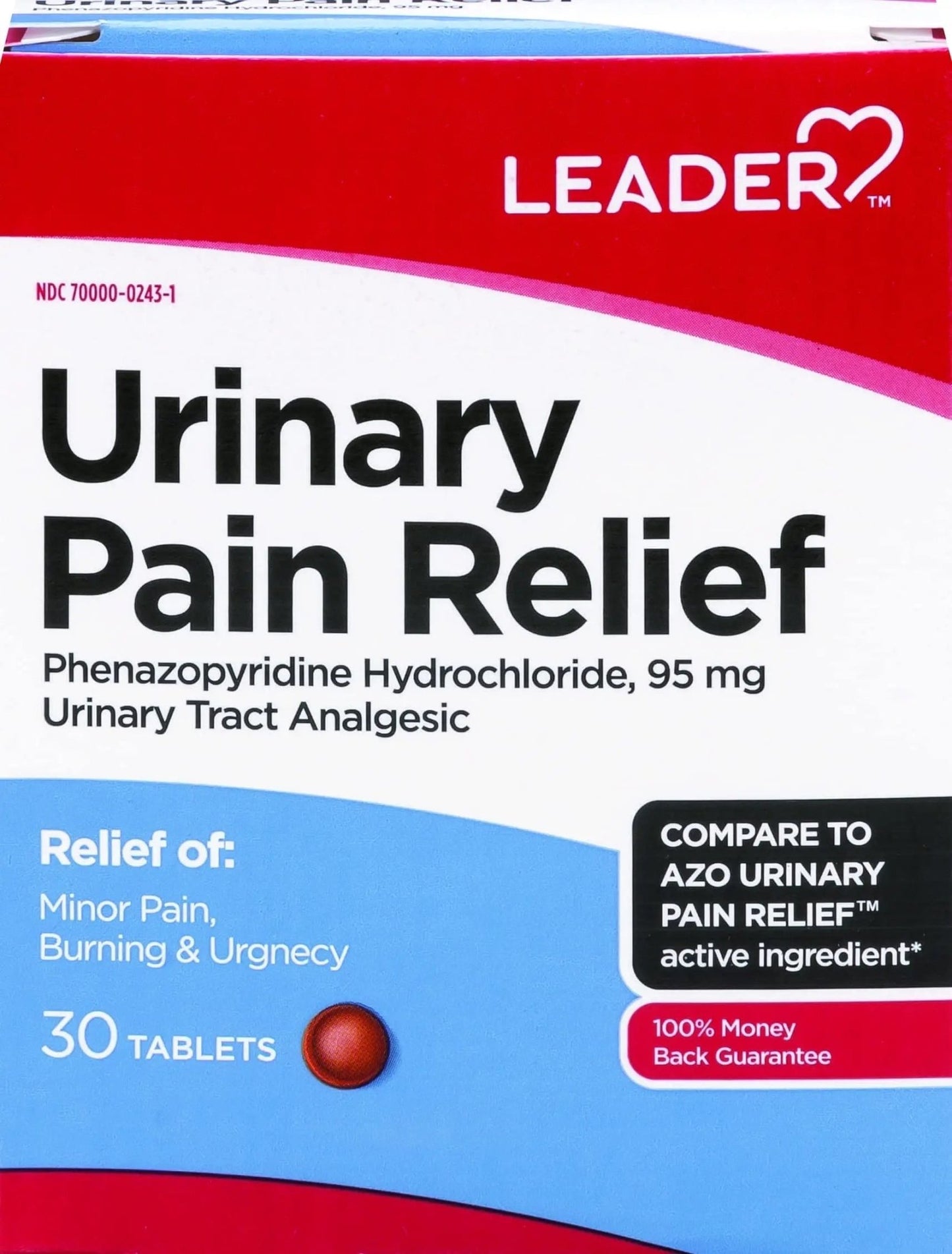Leader Urinary Pain Relief Maximum Strength, Urinary Tract Analgesic, Relieves Burning and Urgency, Phenazopyridine Hydrochloride 95 mg, for Adults, Both Men & Women, 30 Tablets - dailyvitalstore