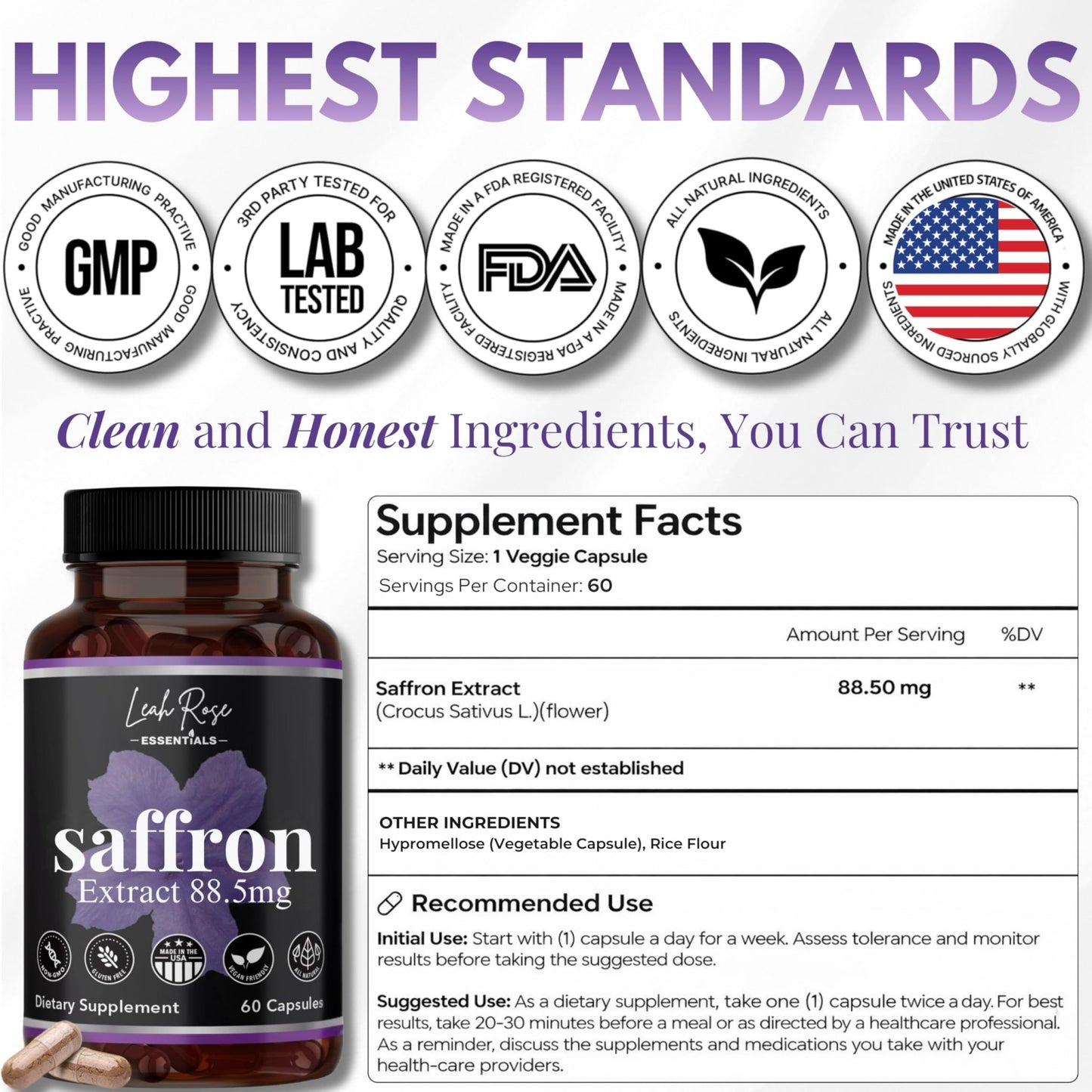 Leah Rose Essentials Saffron Supplement 88.5mg | Mood, Focus, and Stress Support | 60 Premium Saffron Extract Capsules | Made in the USA | 3rd Party Lab Tested | Non-GMO, Vegan, Gluten-Free - dailyvitalstore