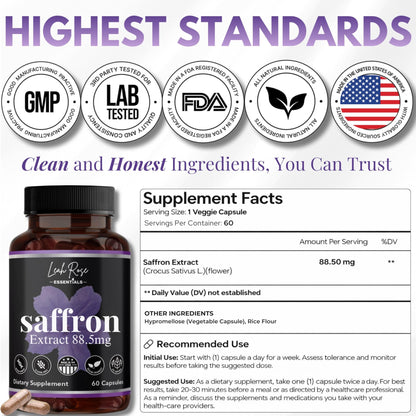 Leah Rose Essentials Saffron Supplement 88.5mg | Mood, Focus, and Stress Support | 60 Premium Saffron Extract Capsules | Made in the USA | 3rd Party Lab Tested | Non-GMO, Vegan, Gluten-Free - dailyvitalstore