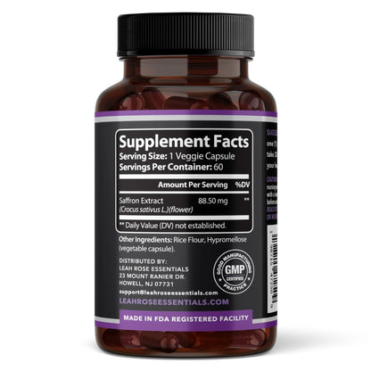 Leah Rose Essentials Saffron Supplement 88.5mg | Mood, Focus, and Stress Support | 60 Premium Saffron Extract Capsules | Made in the USA | 3rd Party Lab Tested | Non-GMO, Vegan, Gluten-Free - dailyvitalstore