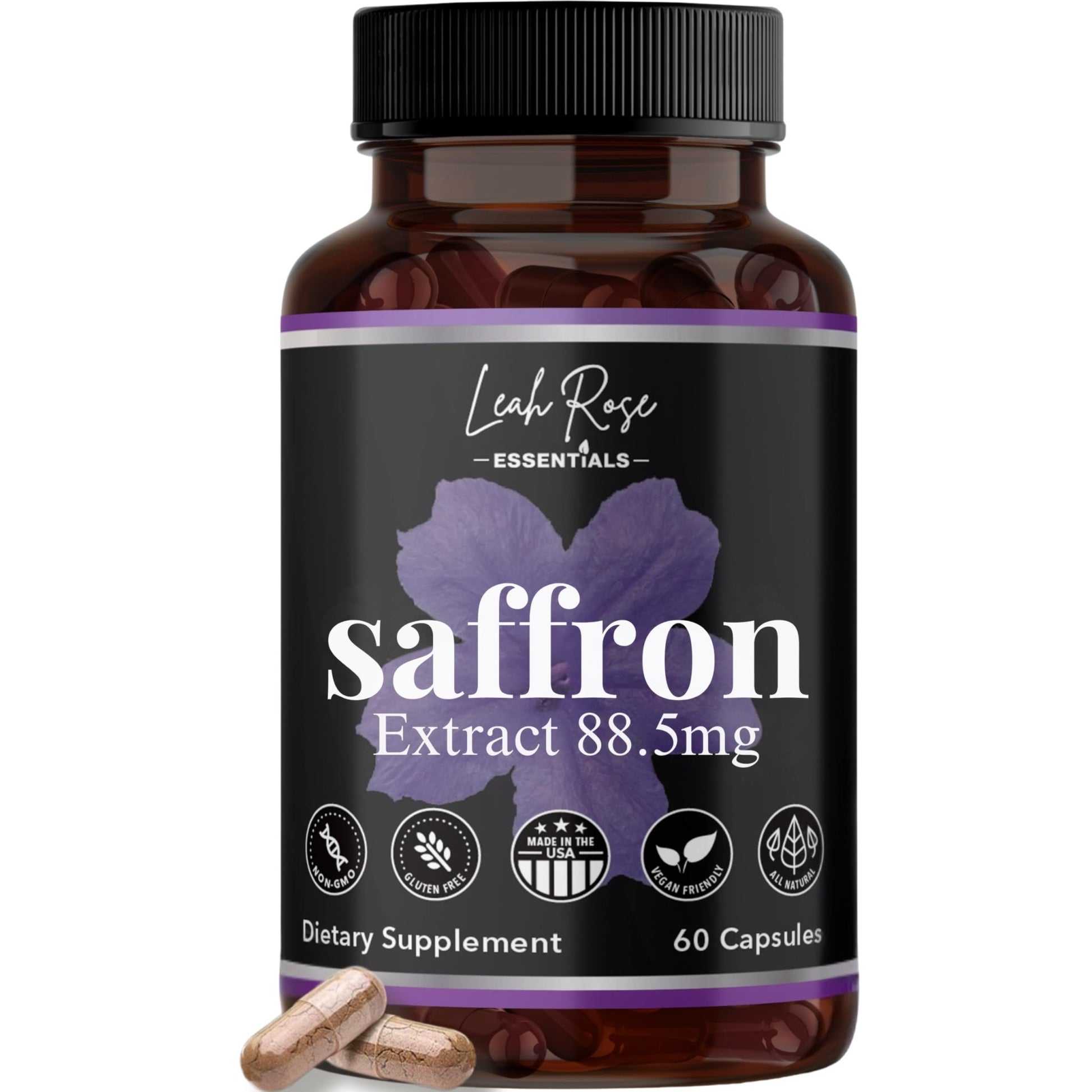 Leah Rose Essentials Saffron Supplement 88.5mg | Mood, Focus, and Stress Support | 60 Premium Saffron Extract Capsules | Made in the USA | 3rd Party Lab Tested | Non-GMO, Vegan, Gluten-Free - dailyvitalstore