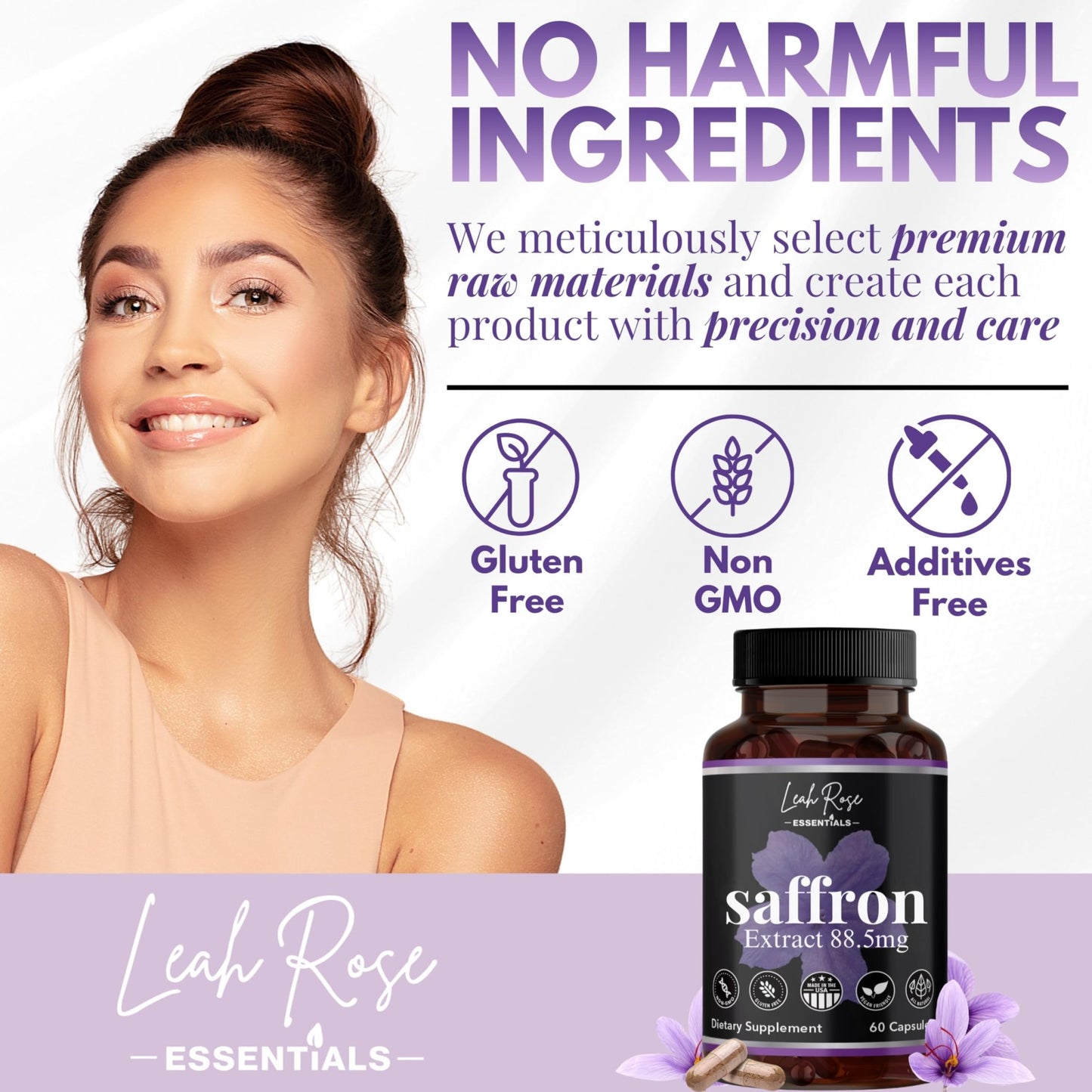 Leah Rose Essentials Saffron Supplement 88.5mg | Mood, Focus, and Stress Support | 60 Premium Saffron Extract Capsules | Made in the USA | 3rd Party Lab Tested | Non-GMO, Vegan, Gluten-Free - dailyvitalstore