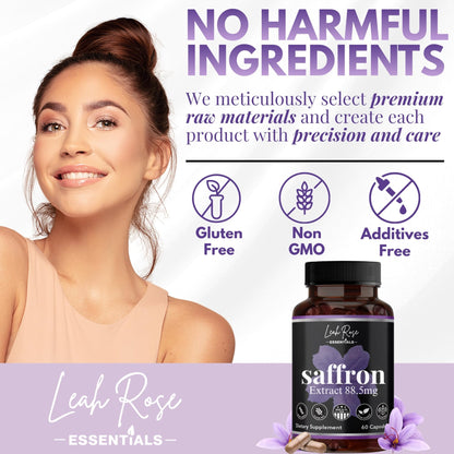 Leah Rose Essentials Saffron Supplement 88.5mg | Mood, Focus, and Stress Support | 60 Premium Saffron Extract Capsules | Made in the USA | 3rd Party Lab Tested | Non-GMO, Vegan, Gluten-Free - dailyvitalstore