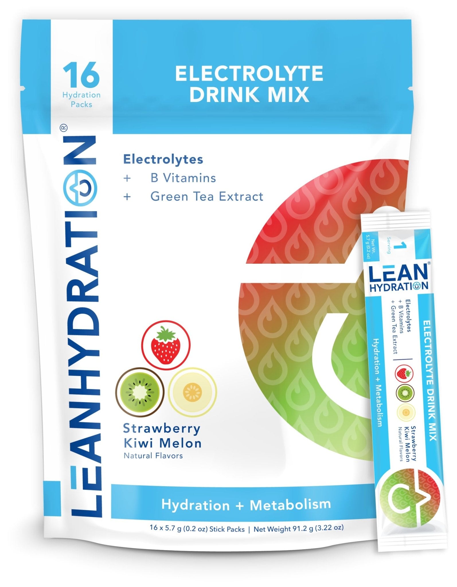 LEAN Hydration Daily Electrolyte Packets Drink Mix | Zero Calories, Zero Sugar Plus Vitamins, Minerals & More | 16 ct (Strawberry Kiwi Melon) - dailyvitalstore