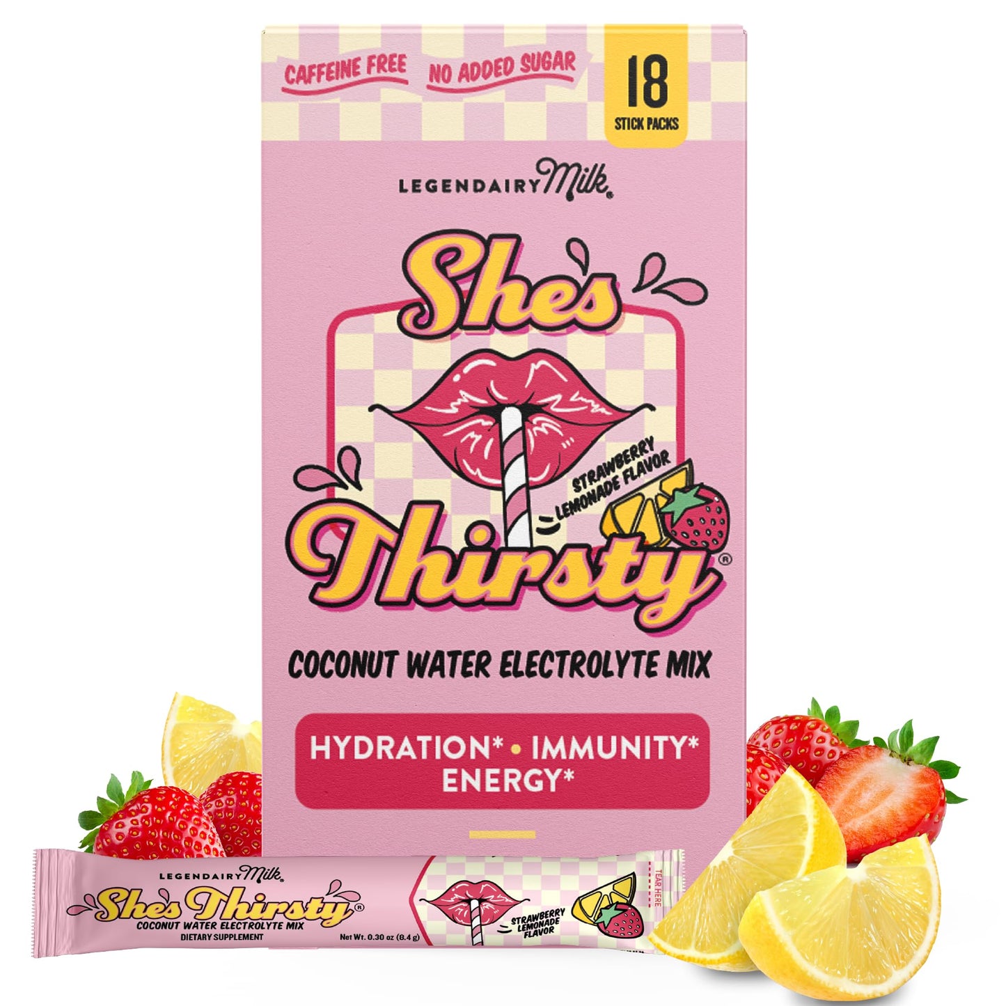 Legendairy Milk She’s Thirsty – Strawberry Lemonade, No Sugar Added Electrolytes Powder Packets–Coconut Water Mix for Women, Instant Hydration Packets, - dailyvitalstore