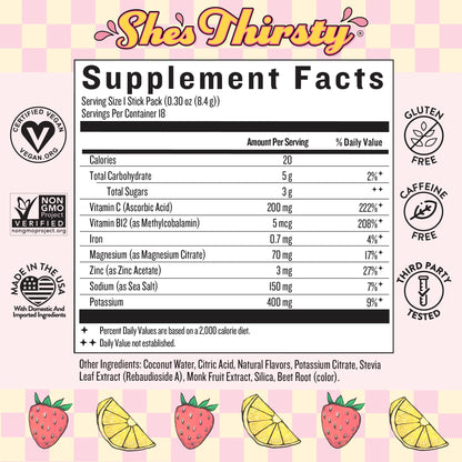 Legendairy Milk She’s Thirsty – Strawberry Lemonade, No Sugar Added Electrolytes Powder Packets–Coconut Water Mix for Women, Instant Hydration Packets, - dailyvitalstore