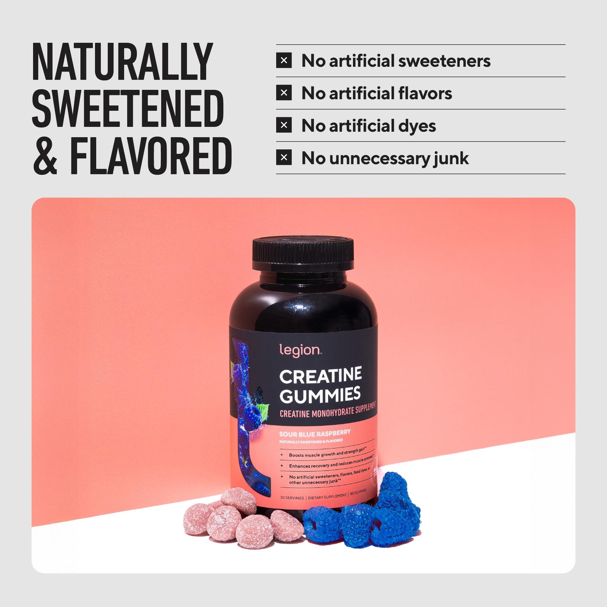 LEGION Creatine Monohydrate Gummies – Clean Chewable Creatine Supplement for Strength, Endurance & Muscle Recovery – 30 Sour Watermelon Flavor Servings - dailyvitalstore