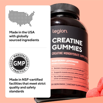 LEGION Creatine Monohydrate Gummies for Men & Women – Clean Chewable Creatine Supplement for Strength, Endurance & Muscle Recovery – 30 Sour Raspberry Lemonade Servings – No Artificial Flavors - dailyvitalstore