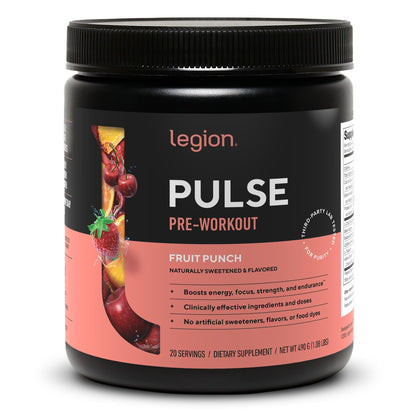 LEGION Pulse Pre Workout Supplement - All Natural Nitric Oxide Preworkout Drink to Boost Energy, Creatine Free, Naturally Sweetened, Beta Alanine, Citrulline, Alpha GPC (Fruit Punch) - dailyvitalstore