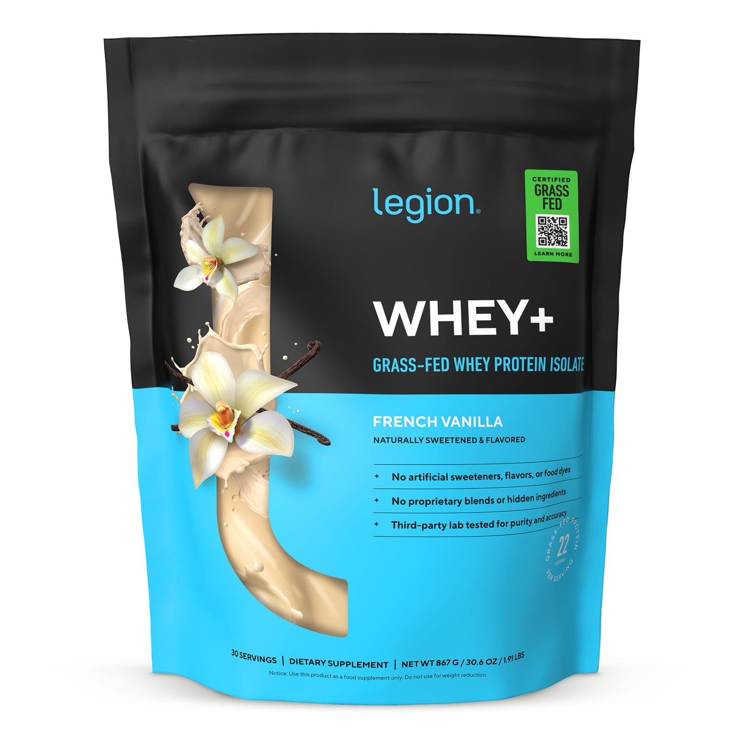 LEGION Whey+ Protein Whey Isolate from Grass Fed Cows (French Vanilla, 30 Servings) - Whey Protein Isolate Powder, Low Calorie, Non-GMO, Sugar Free, Lactose and Gluten Free, All Natural Protein Powder - dailyvitalstore