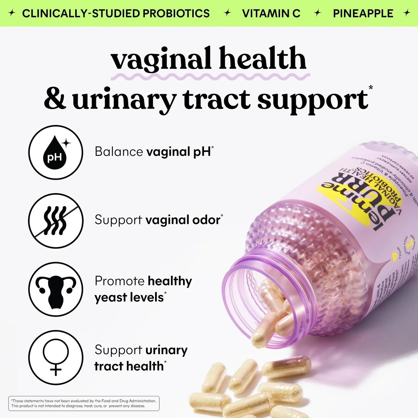 Lemme Purr Vaginal Probiotics for Women - Promotes pH Balance, Healthy Vaginal Odor & Urinary Tract Health w/Lactobacillus Blend, Clinically Tested Strains, Pineapple & Vitamin C - 60 Veggie Capsules - dailyvitalstore