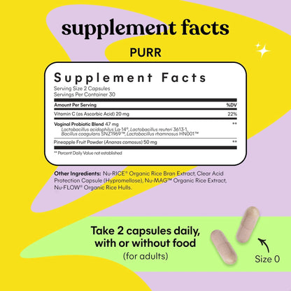 Lemme Purr Vaginal Probiotics for Women - Promotes pH Balance, Healthy Vaginal Odor & Urinary Tract Health w/Lactobacillus Blend, Clinically Tested Strains, Pineapple & Vitamin C - 60 Veggie Capsules - dailyvitalstore
