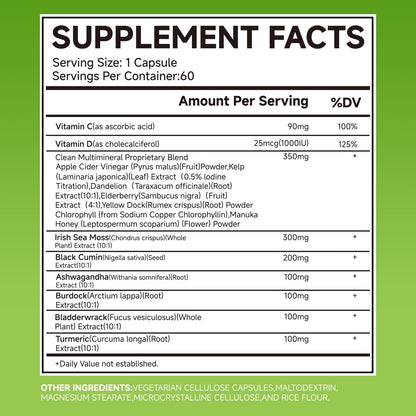 LEMON CODE Sea Moss & Black Seed Oil Capsules with Burdock & Bladderwrack & Ashwagandha, Vitamin C&D,Natural Herbal Complex for Daily Balance, Energy & Digestive Support, Vegan, Non-GMO, 60 Capsules - dailyvitalstore