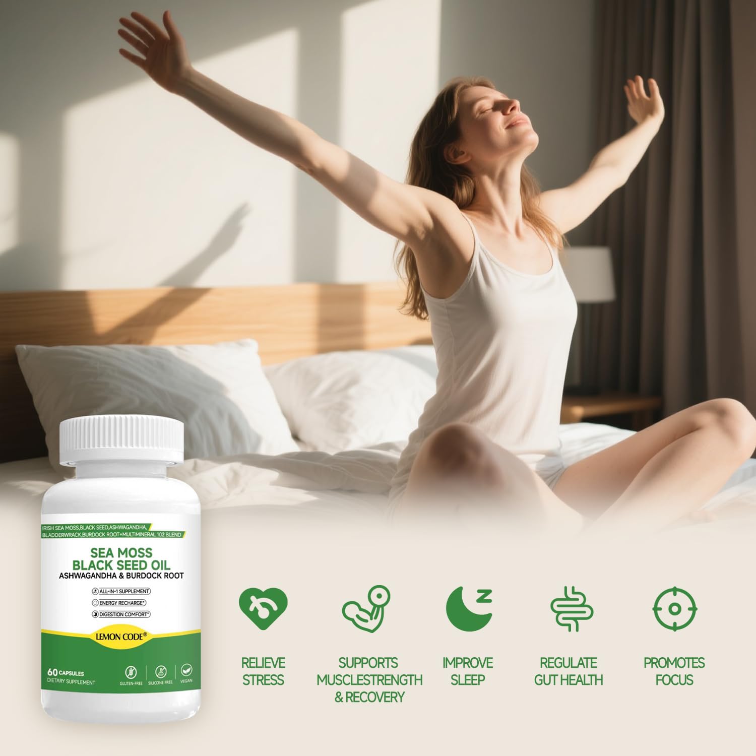 LEMON CODE Sea Moss & Black Seed Oil Capsules with Burdock & Bladderwrack & Ashwagandha, Vitamin C&D,Natural Herbal Complex for Daily Balance, Energy & Digestive Support, Vegan, Non-GMO, 60 Capsules - dailyvitalstore