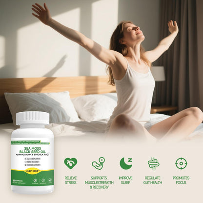 LEMON CODE Sea Moss & Black Seed Oil Capsules with Burdock & Bladderwrack & Ashwagandha, Vitamin C&D,Natural Herbal Complex for Daily Balance, Energy & Digestive Support, Vegan, Non-GMO, 60 Capsules - dailyvitalstore