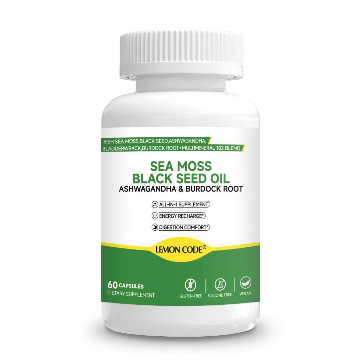 LEMON CODE Sea Moss & Black Seed Oil Capsules with Burdock & Bladderwrack & Ashwagandha, Vitamin C&D,Natural Herbal Complex for Daily Balance, Energy & Digestive Support, Vegan, Non-GMO, 60 Capsules - dailyvitalstore