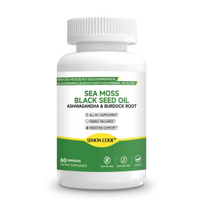 LEMON CODE Sea Moss & Black Seed Oil Capsules with Burdock & Bladderwrack & Ashwagandha, Vitamin C&D,Natural Herbal Complex for Daily Balance, Energy & Digestive Support, Vegan, Non-GMO, 60 Capsules - dailyvitalstore