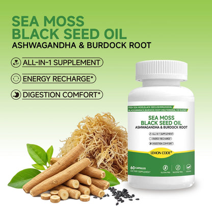 LEMON CODE Sea Moss & Black Seed Oil Capsules with Burdock & Bladderwrack & Ashwagandha, Vitamin C&D,Natural Herbal Complex for Daily Balance, Energy & Digestive Support, Vegan, Non-GMO, 60 Capsules - dailyvitalstore