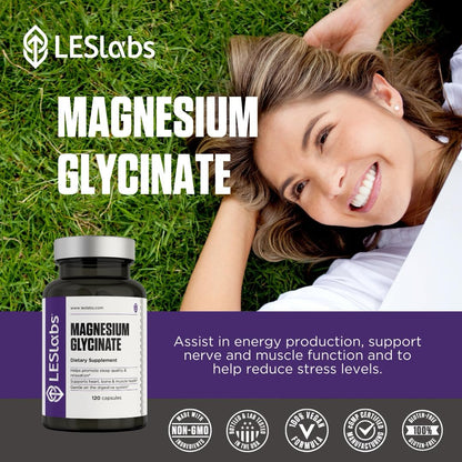 LES Labs Magnesium Glycinate – Supports Restful Sleep, Heart Health, Stress Relief, Metabolism, Nerve & Muscle Function, Gentle on The Digestive System – Non-GMO Supplement – 120 Capsules - dailyvitalstore