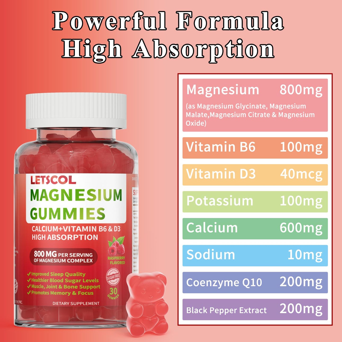LETSCOL Magnesium Glycinate Gummies 800mg Per Serving, Sugar Free Magnesium Supplement with Magnesium Malate, Calcium, Vitamin D3, B6, CoQ10 for Calm Support & Zzz for Adults Kids - dailyvitalstore
