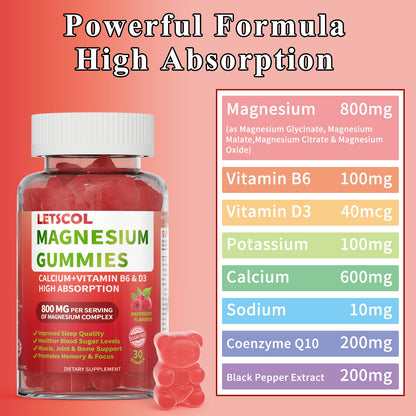 LETSCOL Magnesium Glycinate Gummies 800mg Per Serving, Sugar Free Magnesium Supplement with Magnesium Malate, Calcium, Vitamin D3, B6, CoQ10 for Calm Support & Zzz for Adults Kids - dailyvitalstore