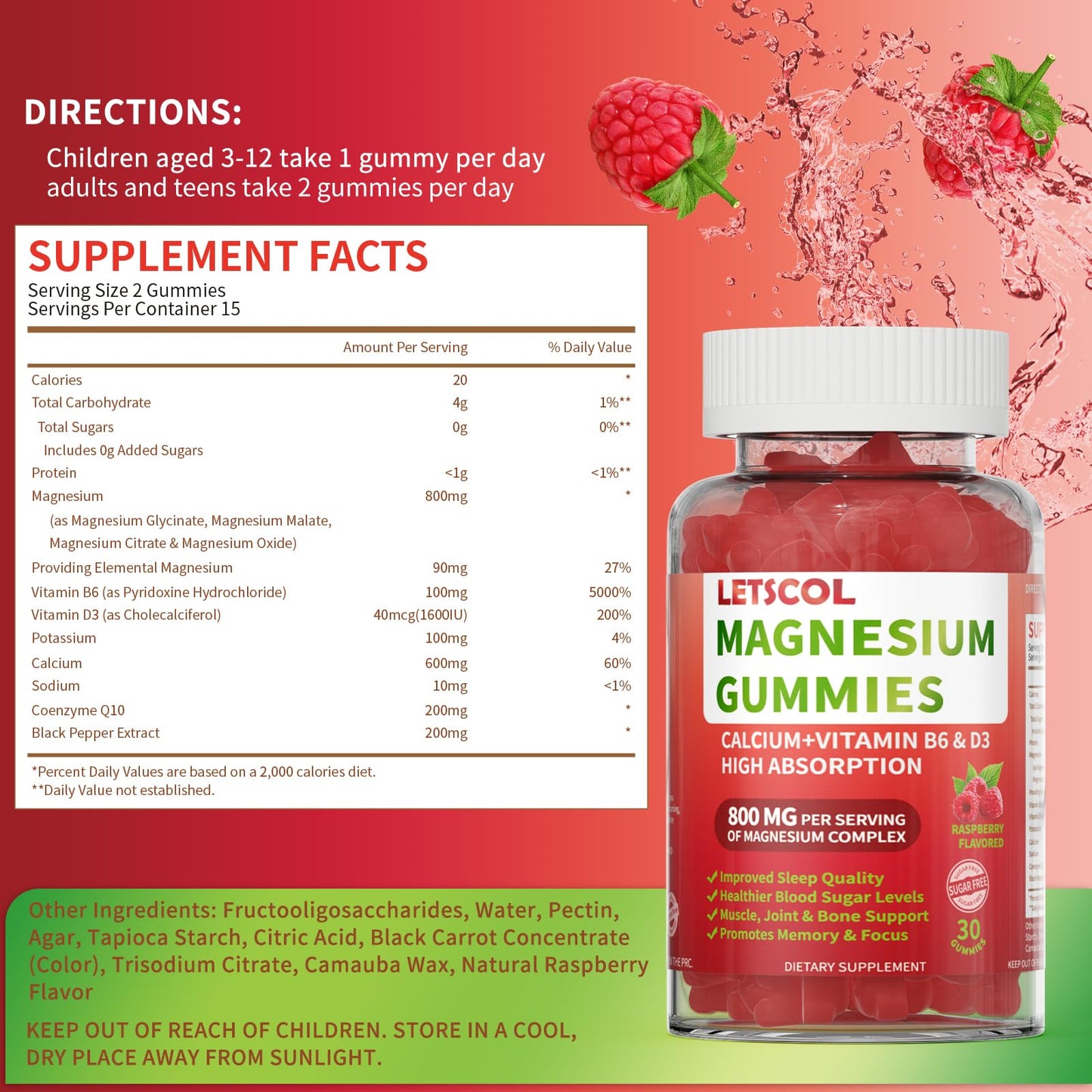 LETSCOL Magnesium Glycinate Gummies 800mg Per Serving, Sugar Free Magnesium Supplement with Magnesium Malate, Calcium, Vitamin D3, B6, CoQ10 for Calm Support & Zzz for Adults Kids - dailyvitalstore