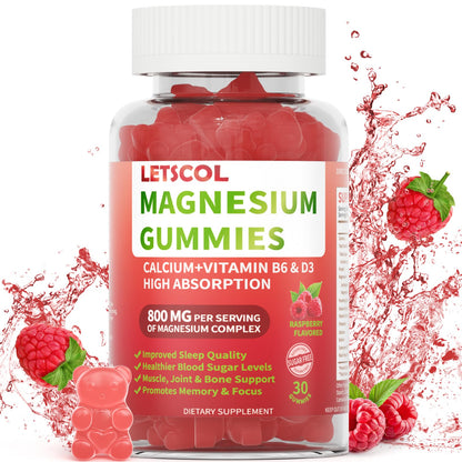 LETSCOL Magnesium Glycinate Gummies 800mg Per Serving, Sugar Free Magnesium Supplement with Magnesium Malate, Calcium, Vitamin D3, B6, CoQ10 for Calm Support & Zzz for Adults Kids - dailyvitalstore
