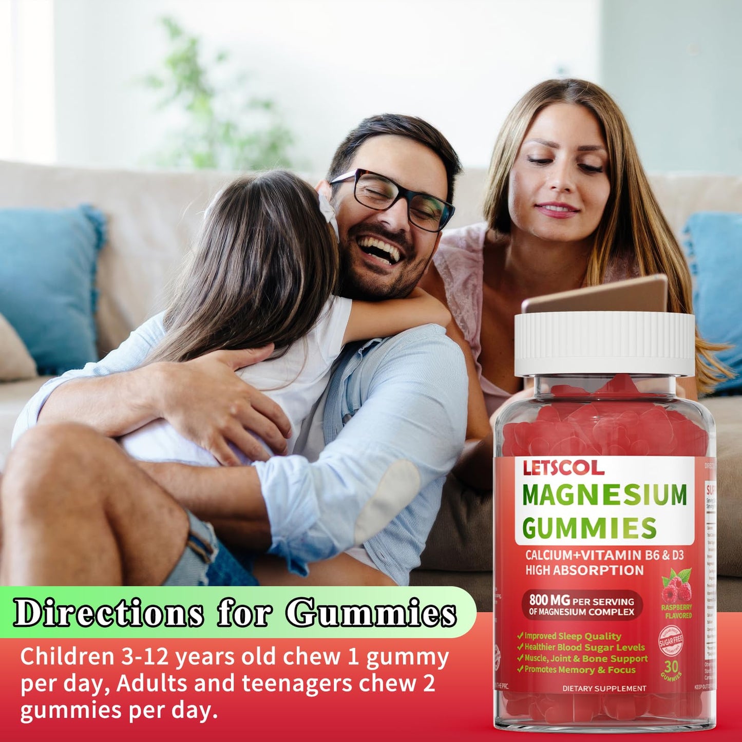 LETSCOL Magnesium Glycinate Gummies 800mg Per Serving, Sugar Free Magnesium Supplement with Magnesium Malate, Calcium, Vitamin D3, B6, CoQ10 for Calm Support & Zzz for Adults Kids - dailyvitalstore