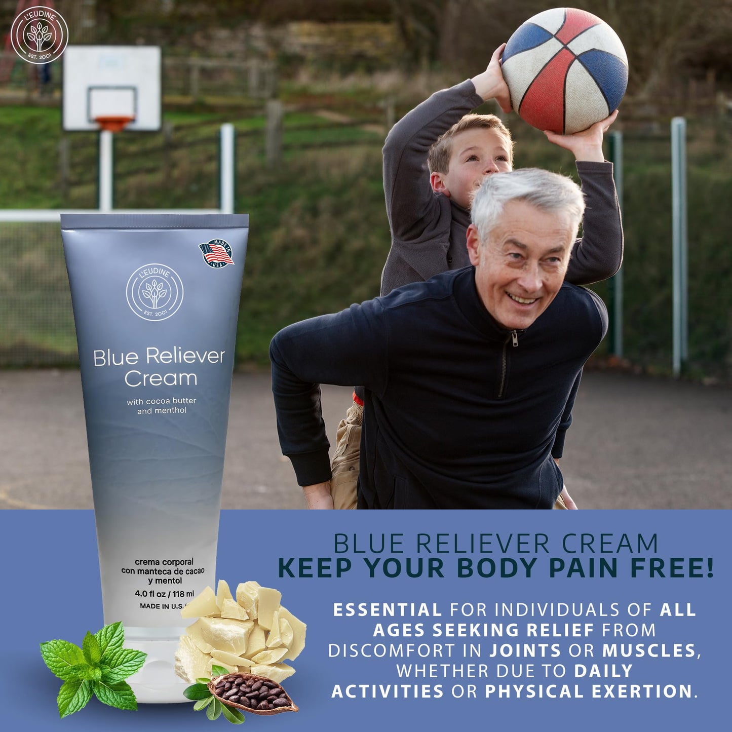 L'EUDINE Blue Reliever Cream – Joint and Muscle Therapy, Body Cream with Cocoa Butter and Menthol - dailyvitalstore