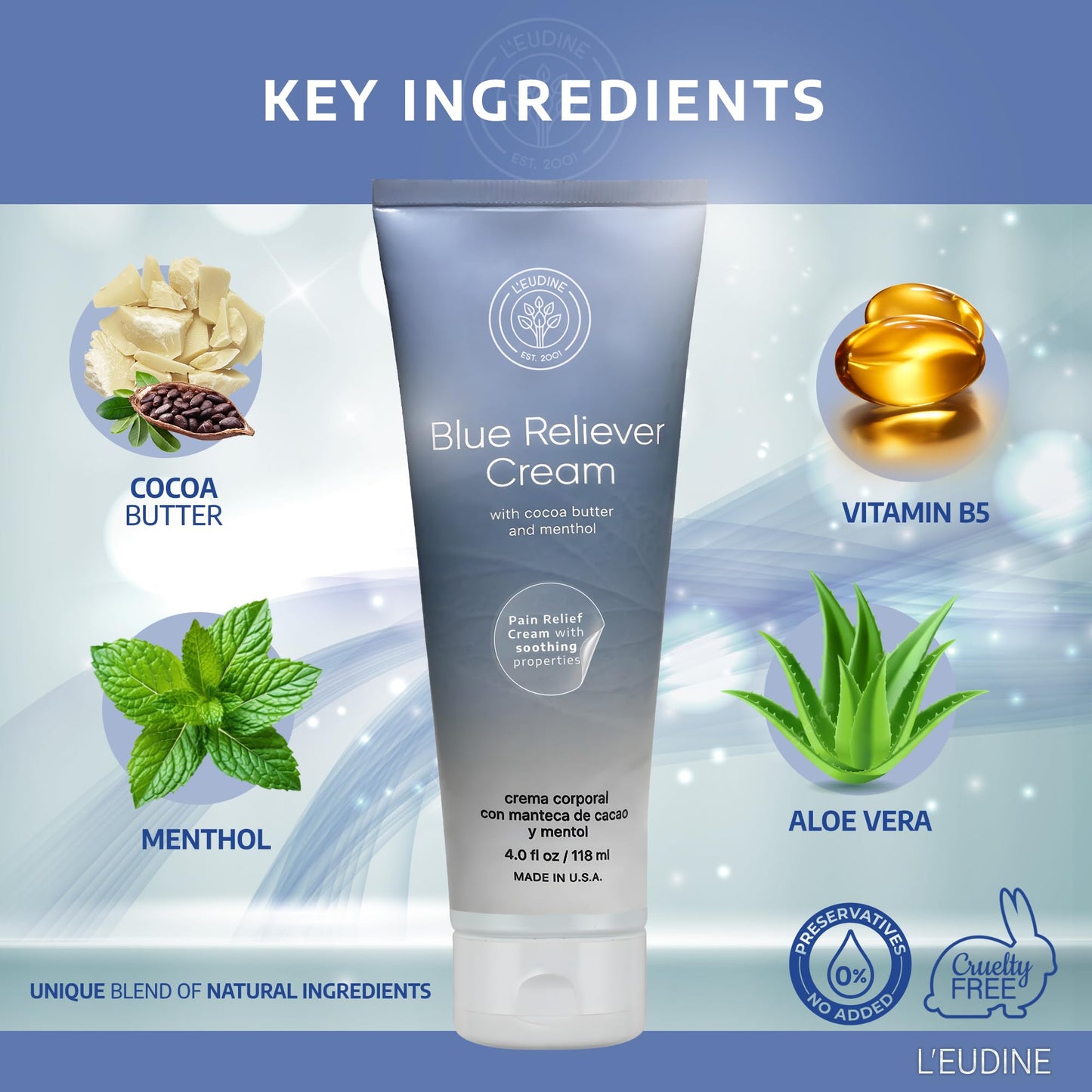 L'EUDINE Blue Reliever Cream – Joint and Muscle Therapy, Body Cream with Cocoa Butter and Menthol - dailyvitalstore