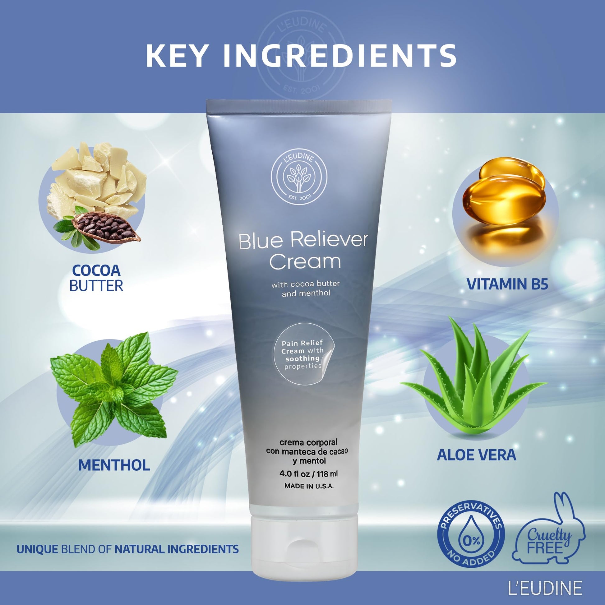 L'EUDINE Blue Reliever Cream – Joint and Muscle Therapy, Body Cream with Cocoa Butter and Menthol - dailyvitalstore