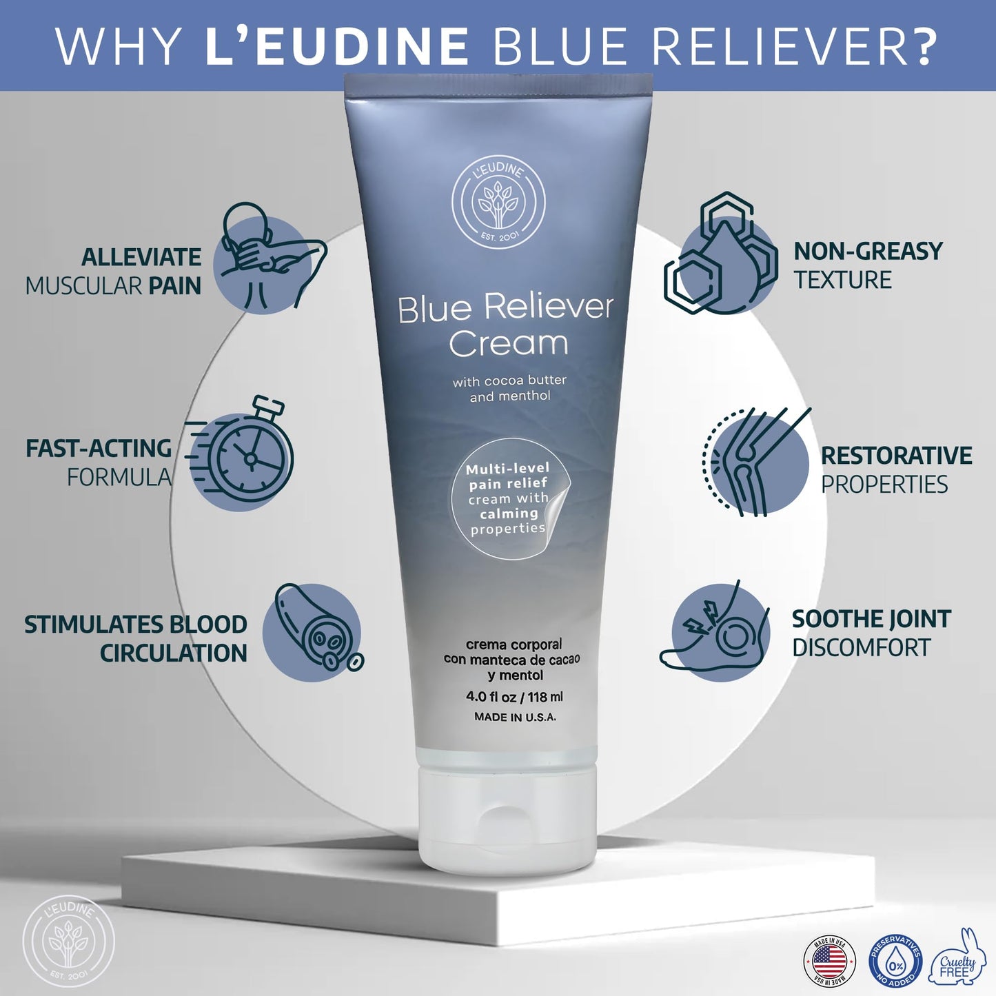 L'EUDINE Blue Reliever Cream – Joint and Muscle Therapy, Body Cream with Cocoa Butter and Menthol - dailyvitalstore