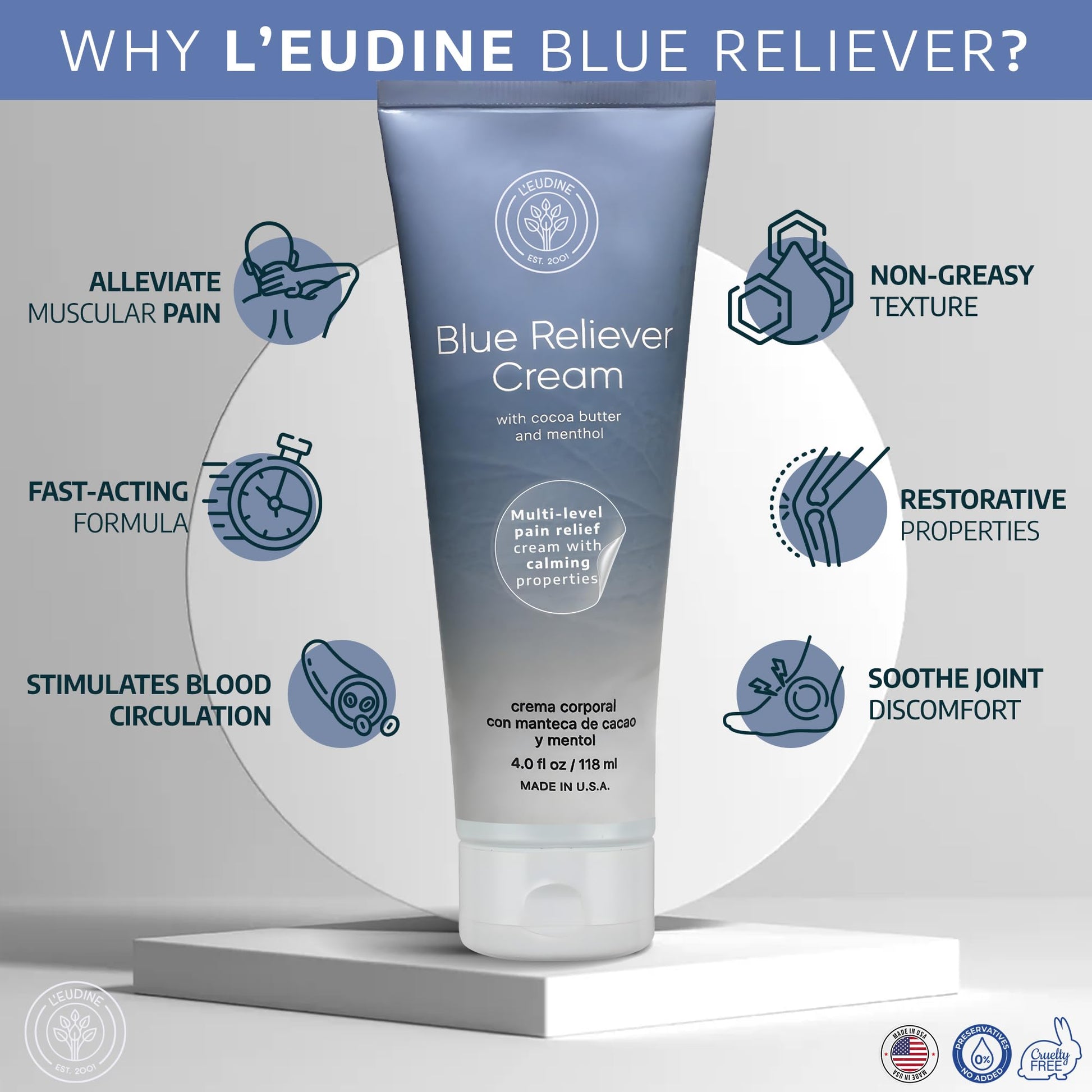 L'EUDINE Blue Reliever Cream – Joint and Muscle Therapy, Body Cream with Cocoa Butter and Menthol - dailyvitalstore