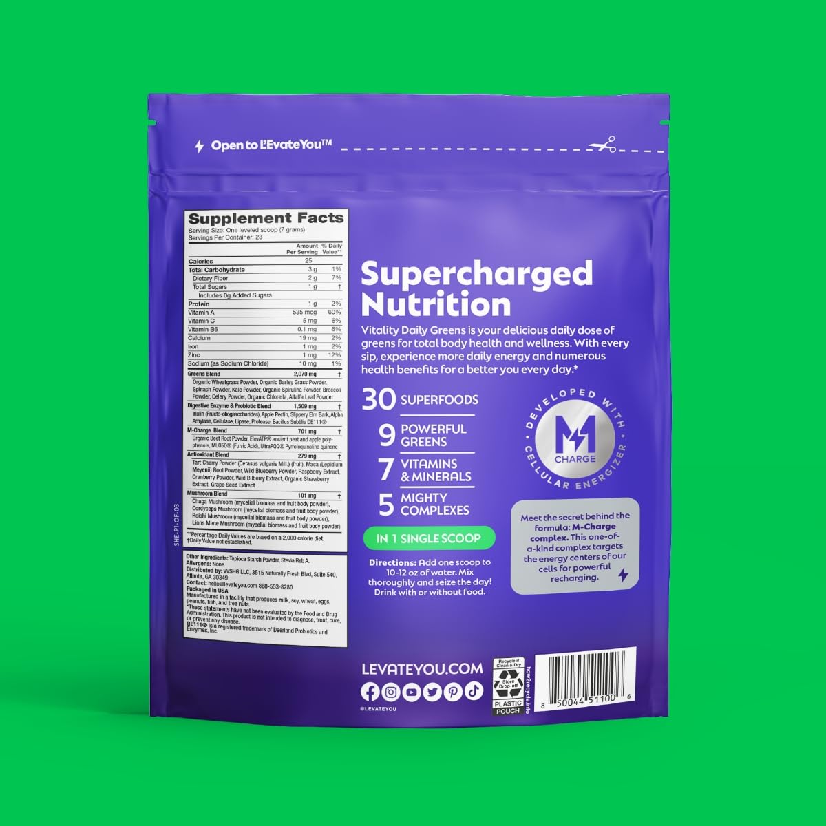 L'Evate You Vitality Daily Greens Powder (28 Servings) 30 Superfoods, 9 Greens - for a Cellular Energy Boost, Powered by M-Charge Complex for All Day Energy (Original) - dailyvitalstore