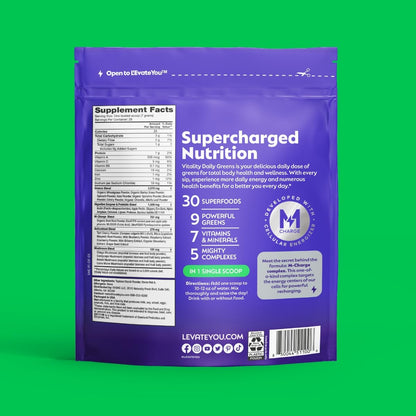 L'Evate You Vitality Daily Greens Powder (28 Servings) 30 Superfoods, 9 Greens - for a Cellular Energy Boost, Powered by M-Charge Complex for All Day Energy (Original) - dailyvitalstore