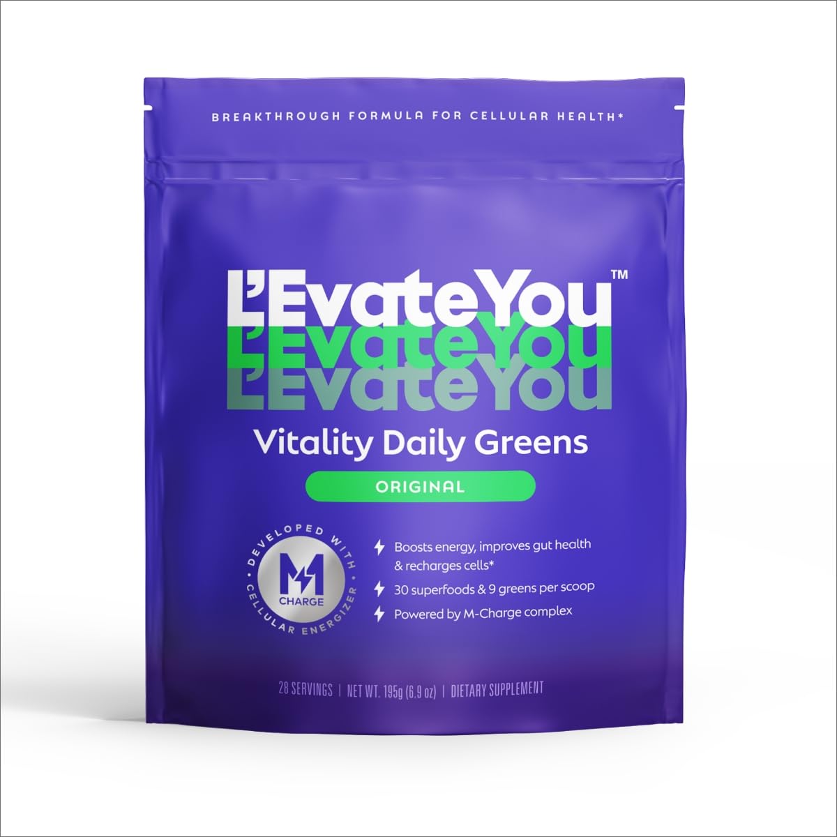 L'Evate You Vitality Daily Greens Powder (28 Servings) 30 Superfoods, 9 Greens - for a Cellular Energy Boost, Powered by M-Charge Complex for All Day Energy (Original) - dailyvitalstore