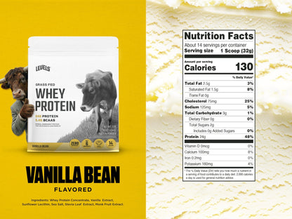 Levels Grass Fed Whey Protein Powder, No Artificials, 24G of Protein, Vanilla Bean, 1LB - dailyvitalstore