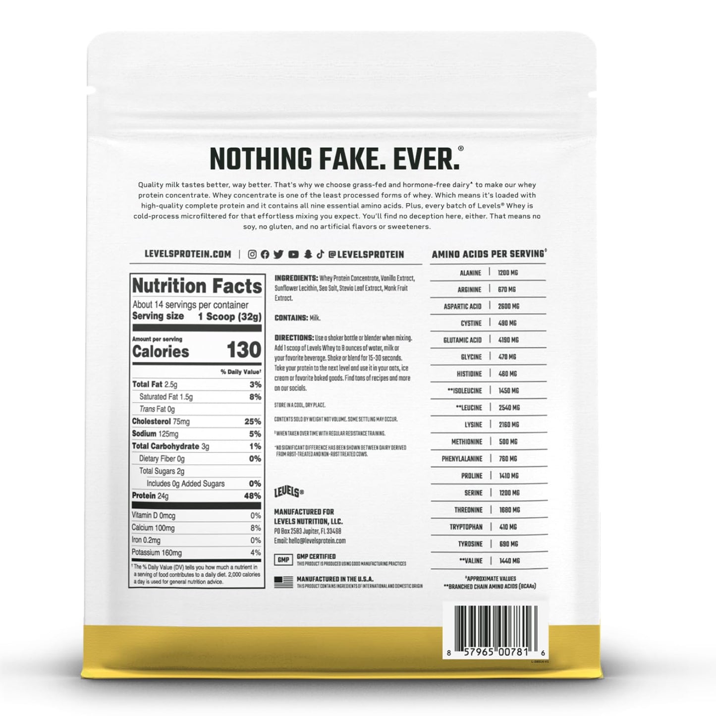 Levels Grass Fed Whey Protein Powder, No Artificials, 24G of Protein, Vanilla Bean, 1LB - dailyvitalstore