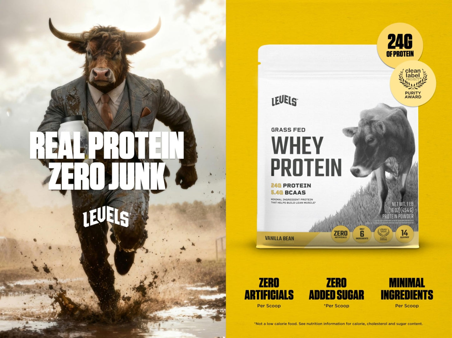 Levels Grass Fed Whey Protein Powder, No Artificials, 24G of Protein, Vanilla Bean, 1LB - dailyvitalstore