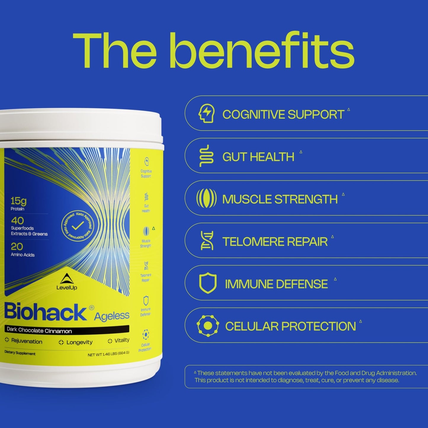 LevelUp Biohack Ageless: Colostrum Collagen Superfoods Antioxidants Spermidine Amino Acids Creatine for Women and Men, Total Body Rejuvenation (Dark Chocolate Cinnamon) - dailyvitalstore
