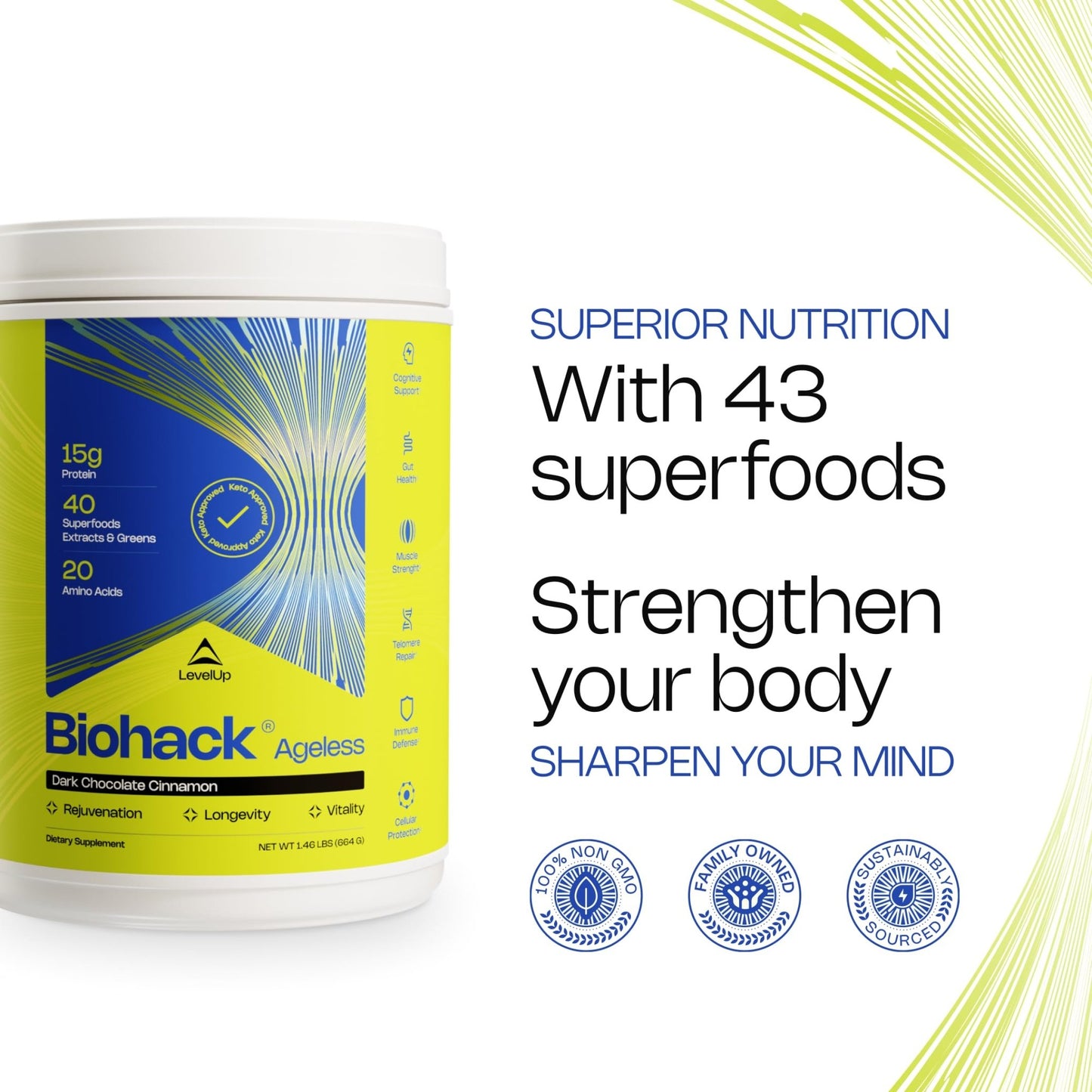 LevelUp Biohack Ageless: Colostrum Collagen Superfoods Antioxidants Spermidine Amino Acids Creatine for Women and Men, Total Body Rejuvenation (Dark Chocolate Cinnamon) - dailyvitalstore