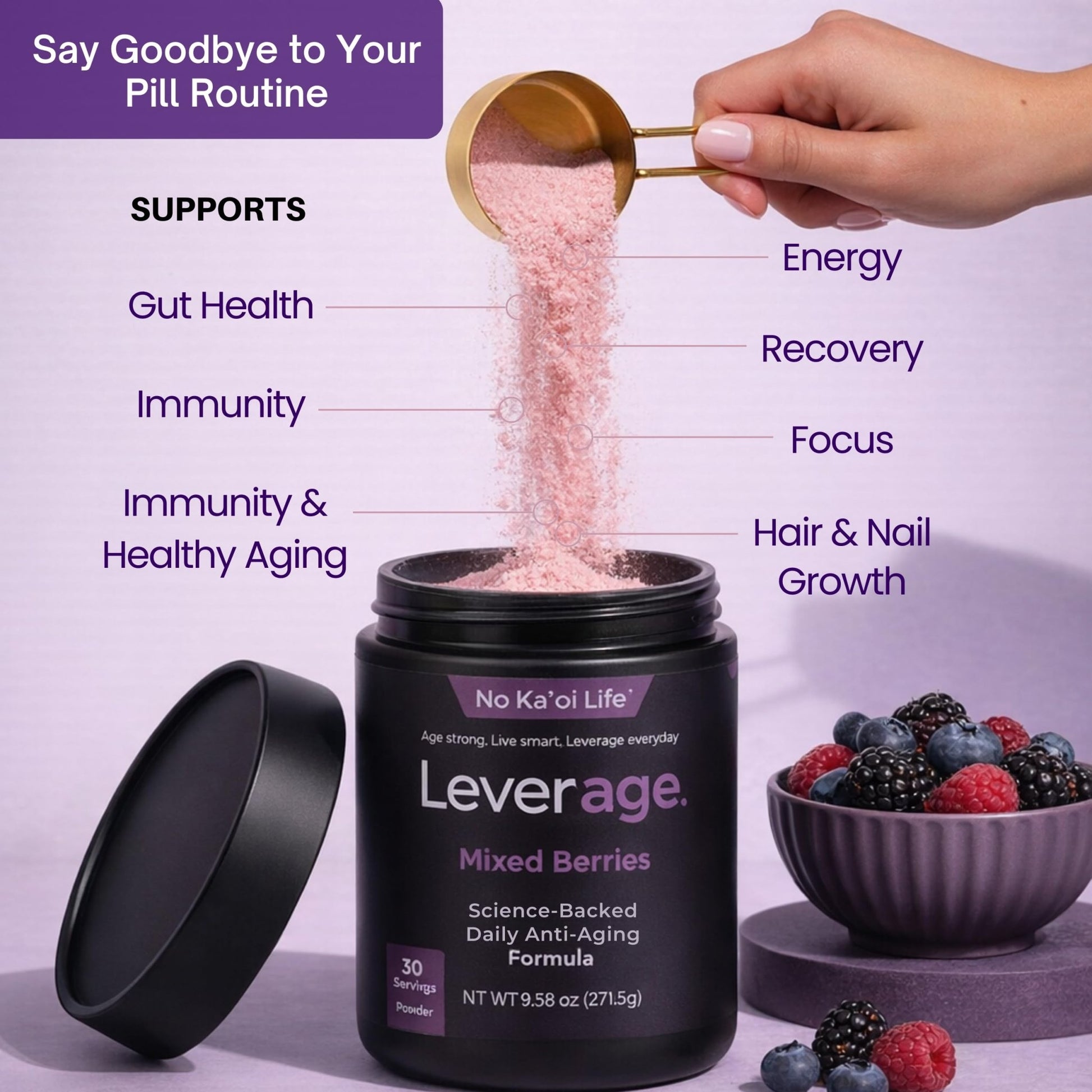 Leverage Mixed Berries Anti–Aging Supplement & Longevity Mix - Daily Wellness Multivitamin Powder with Hyaluronic Acid, L-Glycine & Magnesium for Skin, Energy, Cognitive Function & Joint–30 Servings - dailyvitalstore