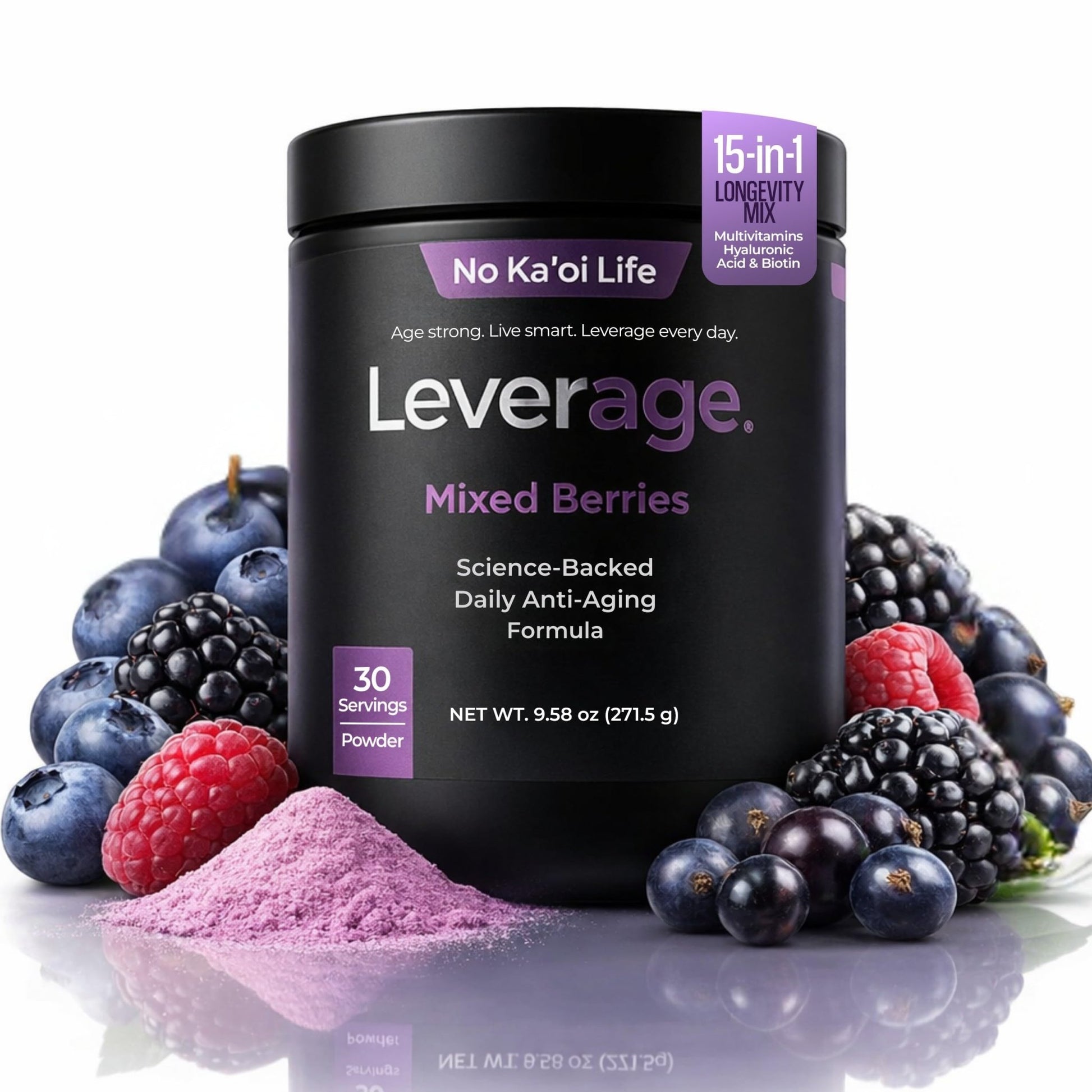 Leverage Mixed Berries Anti–Aging Supplement & Longevity Mix - Daily Wellness Multivitamin Powder with Hyaluronic Acid, L-Glycine & Magnesium for Skin, Energy, Cognitive Function & Joint–30 Servings - dailyvitalstore