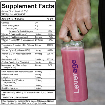 Leverage Mixed Berries Anti–Aging Supplement & Longevity Mix - Daily Wellness Multivitamin Powder with Hyaluronic Acid, L-Glycine & Magnesium for Skin, Energy, Cognitive Function & Joint–30 Servings - dailyvitalstore