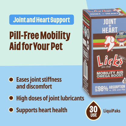Licks Pill-Free Dog Joint and Heart - Glucosamine & Omega 3 Fish Oil Supplement for Dogs - Inflammation Supplements for Joint Support - Gel Packets - 30 Use - dailyvitalstore
